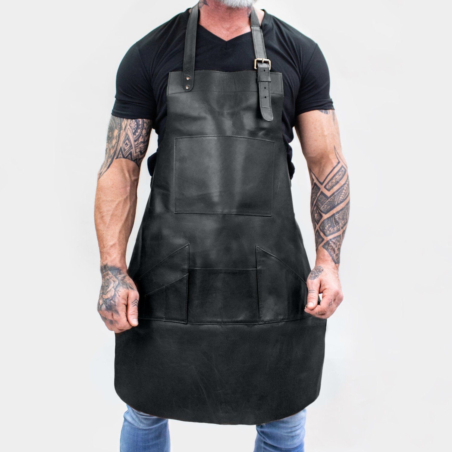 Distressed Multi-pocket Leather Apron | Black Full Grain Leather For Hobbyists Woodwork Blacksmith Bbq | Custom Initials Fathers Day Gift