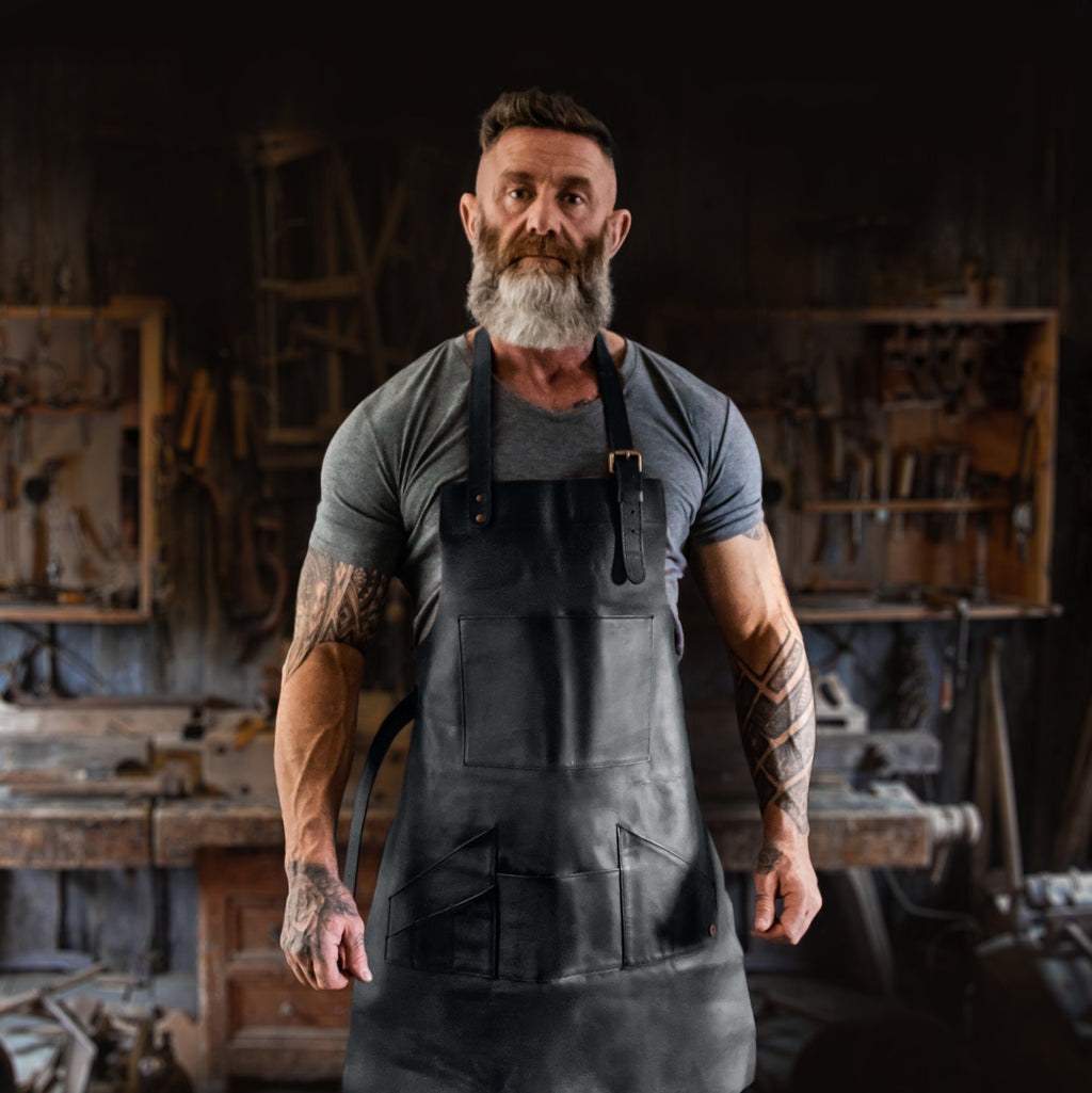 Distressed Multi-pocket Leather Apron | Black Full Grain Leather For Hobbyists Woodwork Blacksmith Bbq | Custom Initials Fathers Day Gift