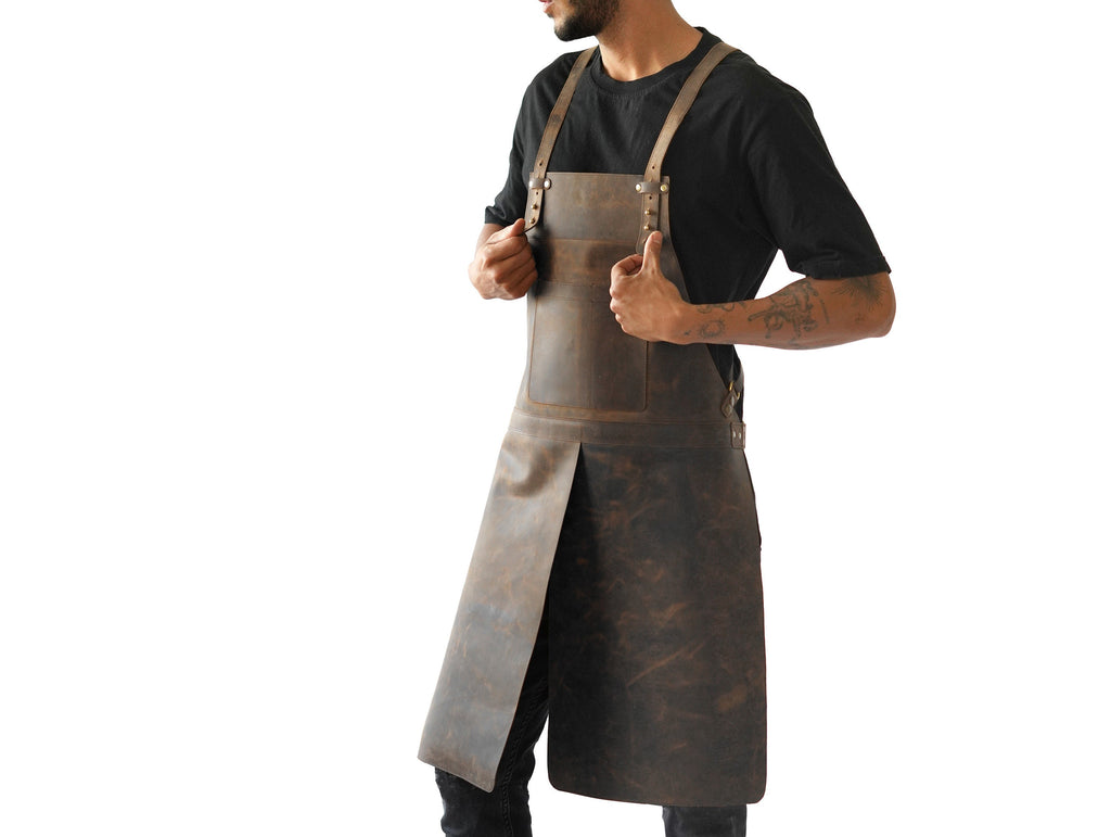 Leather Apron With Split Leg Design For Metalwork Carpentry And Workshop - Brown V6