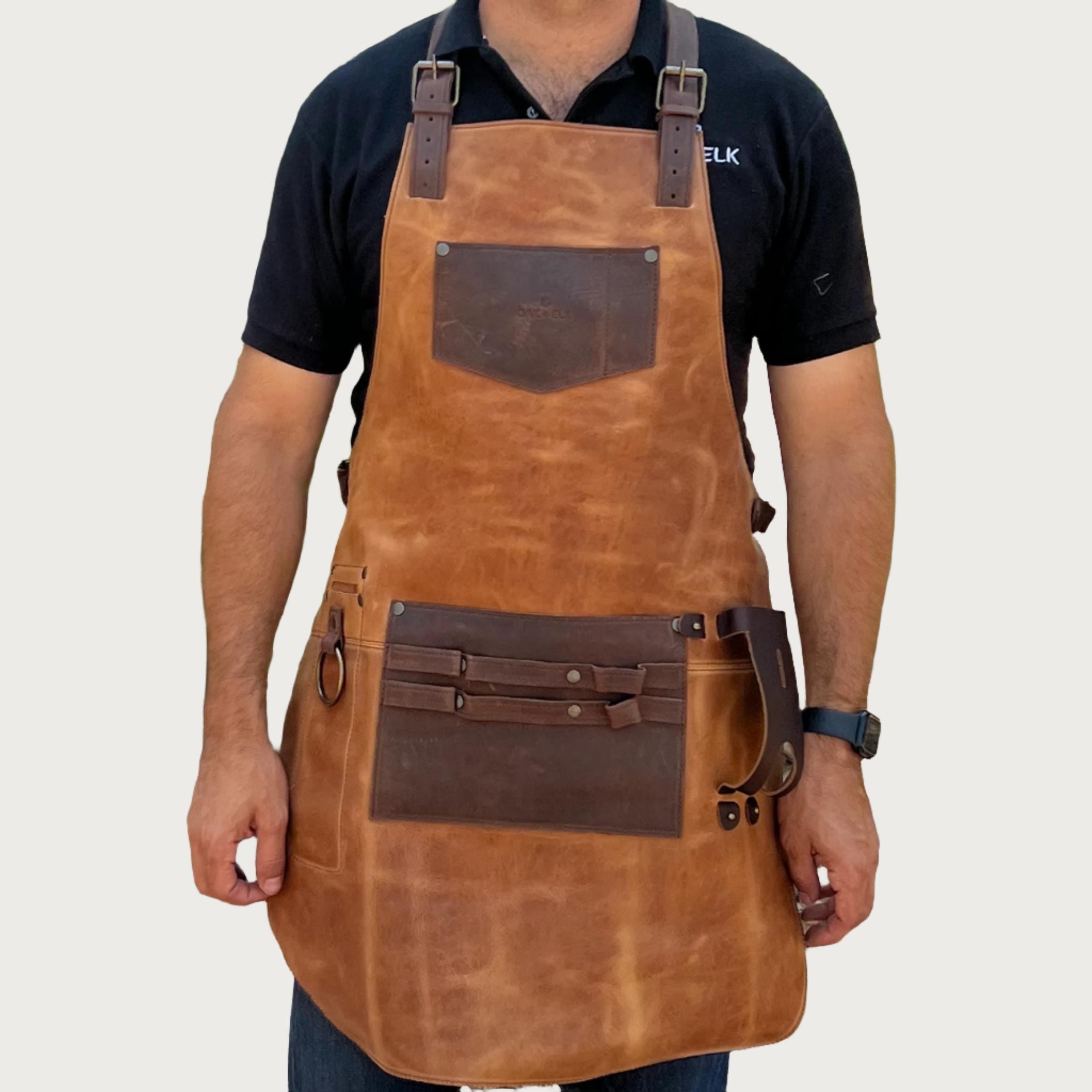 Oak & Elk Leather Apron: Bbq, Welding, Artist Apron With Beer Pocket