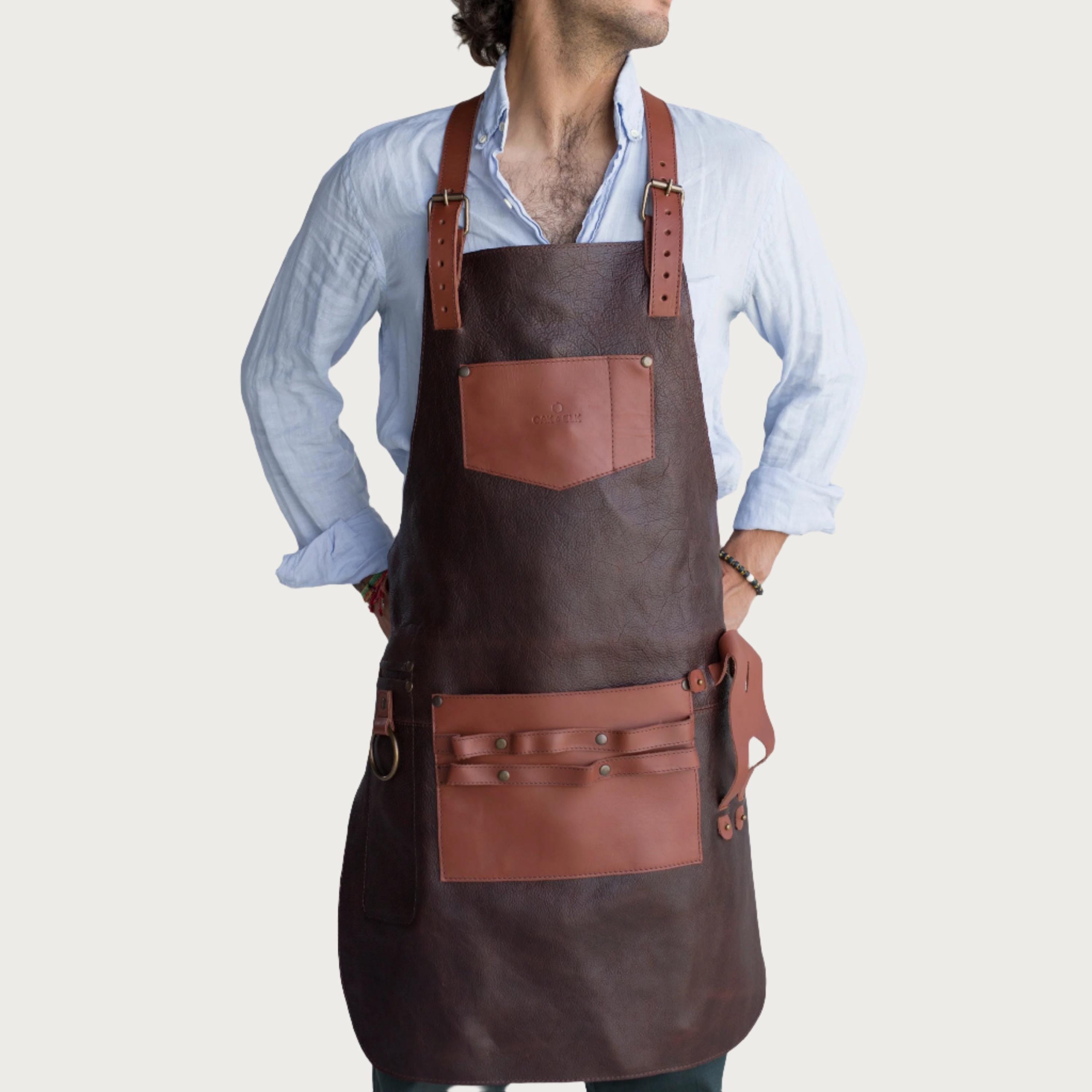 Oak & Elk Leather Apron: Bbq, Welding, Artist Apron With Beer Pocket