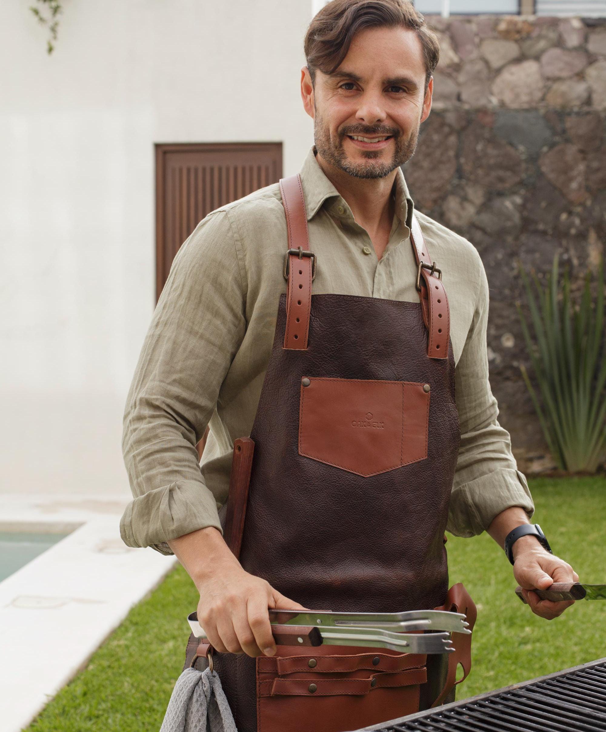Oak & Elk Leather Apron: Bbq, Welding, Artist Apron With Beer Pocket