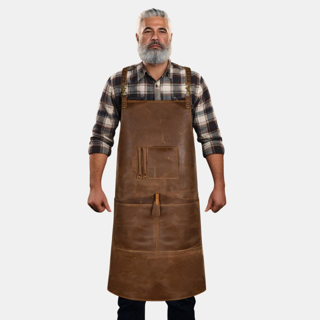 Handmade Full Grain Leather Work Apron, Heavy Duty With Pockets, Usa Made