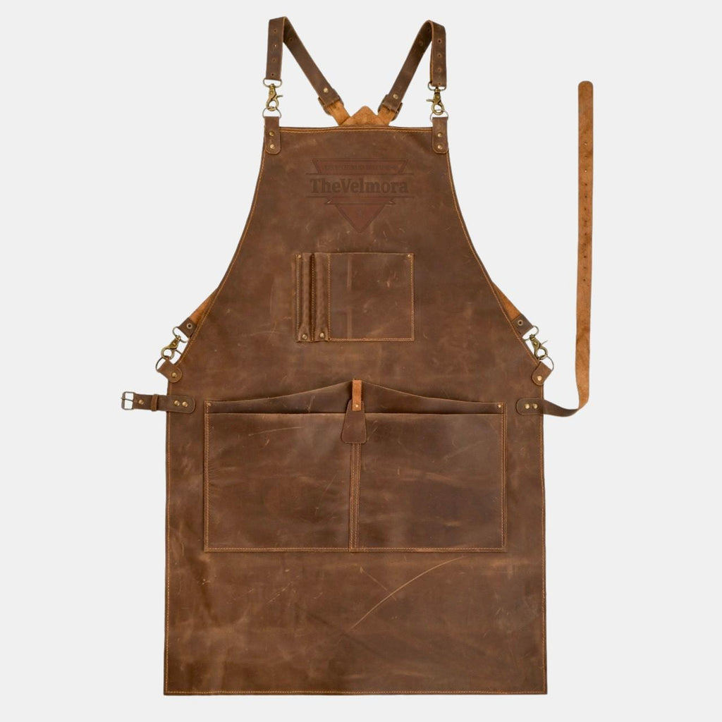 Handmade Full Grain Leather Work Apron, Heavy Duty With Pockets, Usa Made