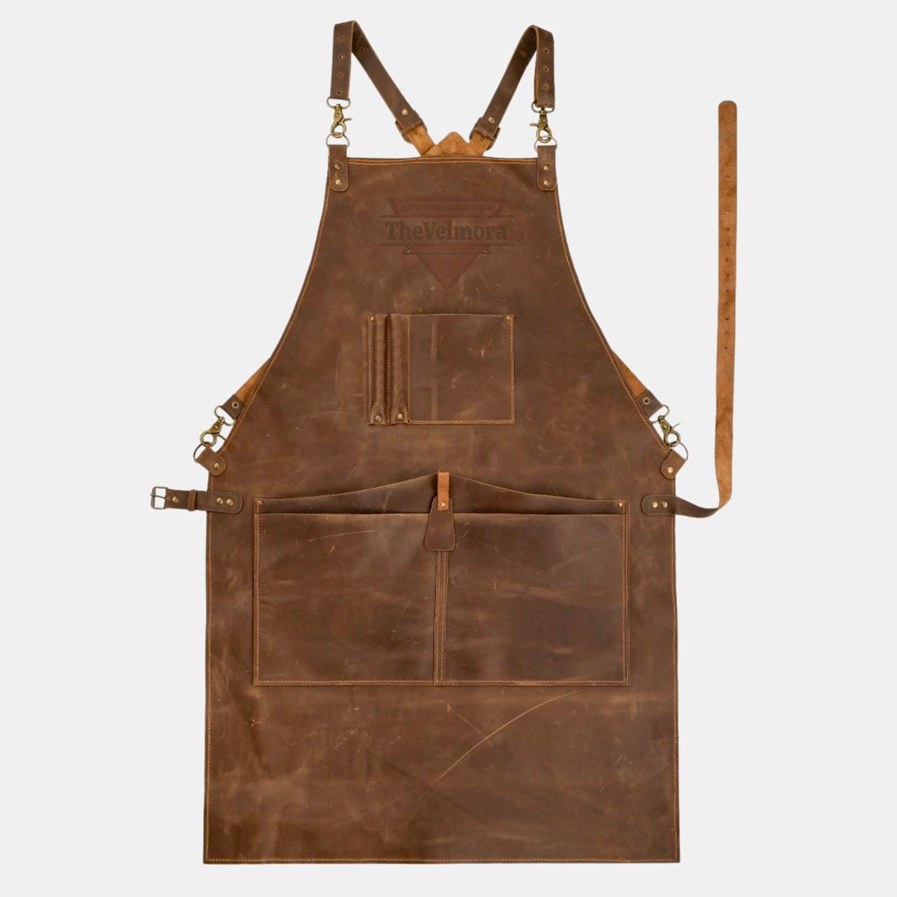 Handmade Full Grain Leather Work Apron, Heavy Duty With Pockets, Usa Made