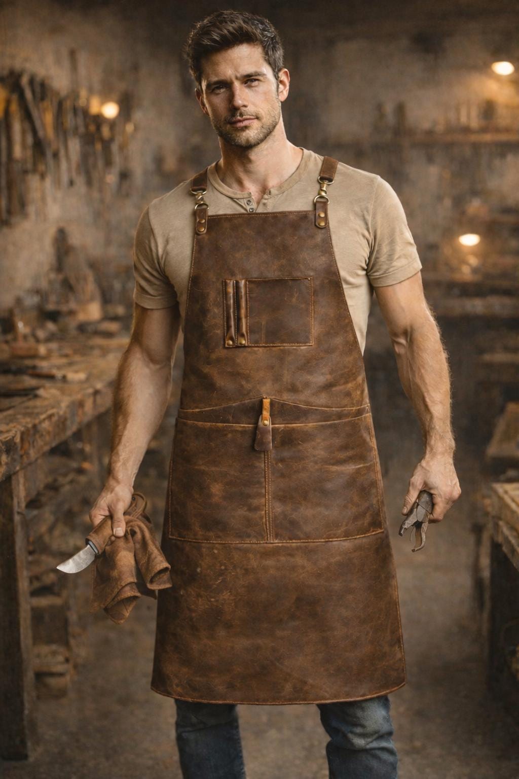 Handmade Full Grain Leather Work Apron, Heavy Duty With Pockets, Usa Made