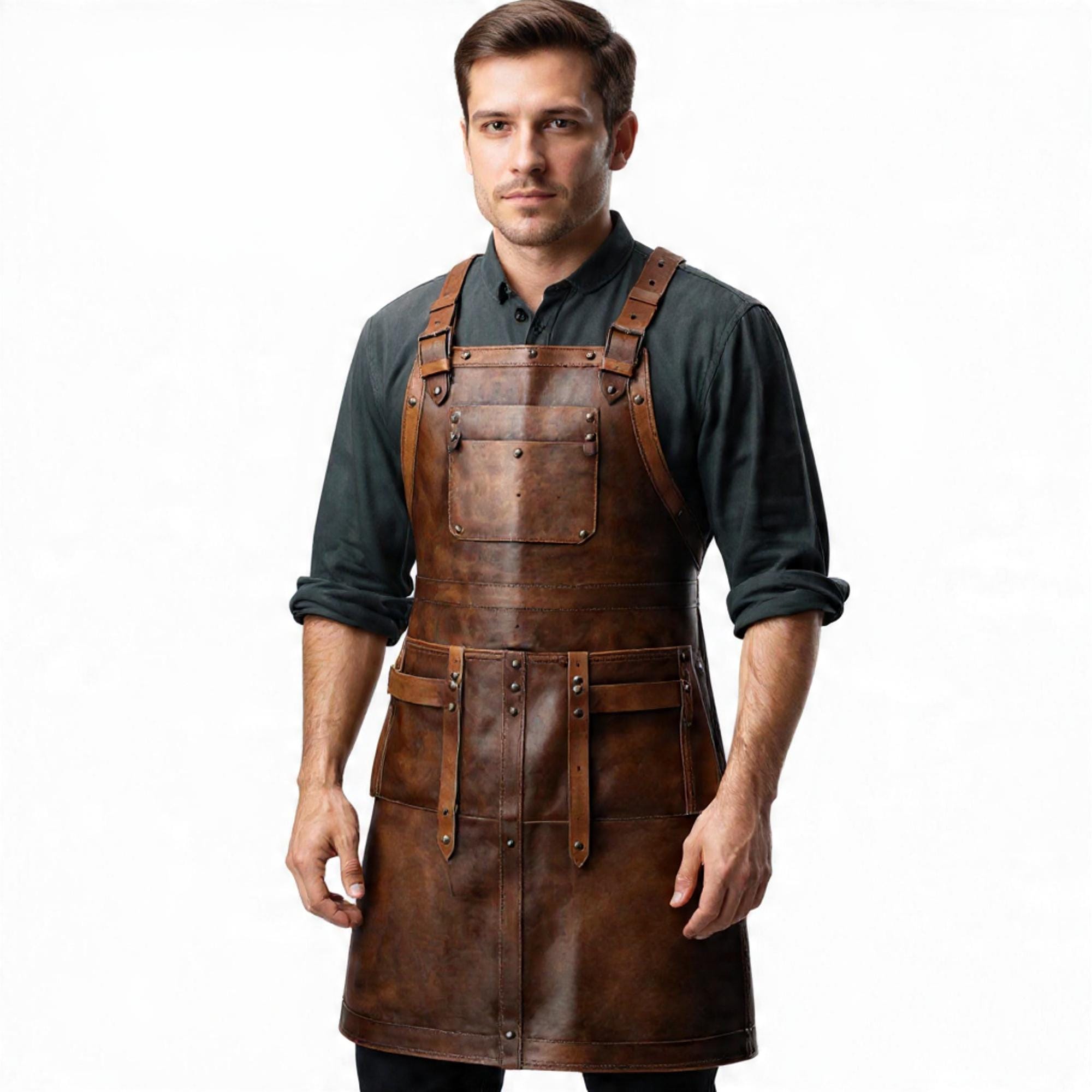 Handmade Brown Leather Apron, Distressed Working Bbq Chef, Barber Blacksmith Butcher Apron