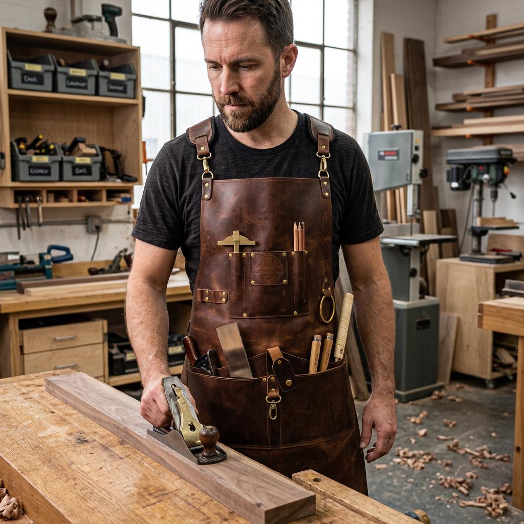 Handmade Full Grain Leather Work Apron – Brass Hardware, Multiple Pockets